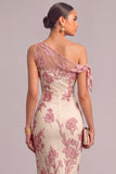 Pink Sheath One Shoulder Embroidered Long Wedding Guest Dress