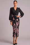 Black Sheath V-Neck Floral Midi Wedding Guest Dress with Sleeves
