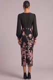 Black Sheath V-Neck Floral Midi Wedding Guest Dress with Sleeves