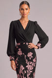 Black Sheath V-Neck Floral Midi Wedding Guest Dress with Sleeves
