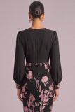 Black Sheath V-Neck Floral Midi Wedding Guest Dress with Sleeves