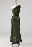 Army Green Mermaid Ruffled One Shoulder Long Wedding Guest Dress with 3D Flower