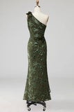 Army Green Mermaid Ruffled One Shoulder Long Wedding Guest Dress with 3D Flower