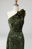 Army Green Mermaid Ruffled One Shoulder Long Wedding Guest Dress with 3D Flower