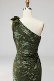 Army Green Mermaid Ruffled One Shoulder Long Wedding Guest Dress with 3D Flower