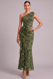 Army Green Mermaid Ruffled One Shoulder Long Wedding Guest Dress with 3D Flower