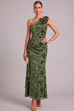 Army Green Mermaid Ruffled One Shoulder Long Wedding Guest Dress with 3D Flower