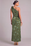 Army Green Mermaid Ruffled One Shoulder Long Wedding Guest Dress with 3D Flower