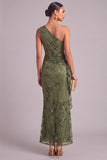 Army Green Mermaid Ruffled One Shoulder Long Wedding Guest Dress with 3D Flower