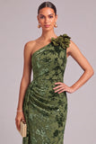 Army Green Mermaid Ruffled One Shoulder Long Wedding Guest Dress with 3D Flower