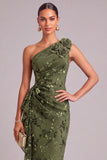 Army Green Mermaid Ruffled One Shoulder Long Wedding Guest Dress with 3D Flower