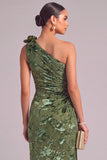 Army Green Mermaid Ruffled One Shoulder Long Wedding Guest Dress with 3D Flower