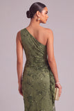 Army Green Mermaid Ruffled One Shoulder Long Wedding Guest Dress with 3D Flower