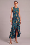 Dark Green Floral Round Neck High-Low Wedding Guest Dress with Ruffles