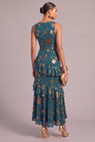 Dark Green Floral Round Neck High-Low Wedding Guest Dress with Ruffles