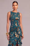 Dark Green Floral Round Neck High-Low Wedding Guest Dress with Ruffles