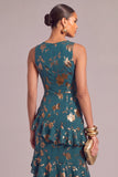 Dark Green Floral Round Neck High-Low Wedding Guest Dress with Ruffles