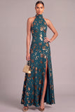 Dark Green Mermaid High Neck Floral Long Wedding Guest Dress with Slit
