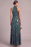 Dark Green Mermaid High Neck Floral Long Wedding Guest Dress with Slit