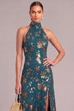 Dark Green Mermaid High Neck Floral Long Wedding Guest Dress with Slit