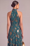 Dark Green Mermaid High Neck Floral Long Wedding Guest Dress with Slit