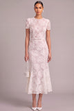 White Mermaid Round Neck Floral Midi Wedding Guest Dress with Belt