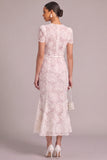 White Mermaid Round Neck Floral Midi Wedding Guest Dress with Belt
