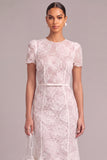 White Mermaid Round Neck Floral Midi Wedding Guest Dress with Belt