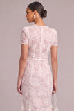 White Mermaid Round Neck Floral Midi Wedding Guest Dress with Belt
