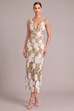 Light Green Sheath V-Neck Floral Midi Wedding Guest Dress with Slit