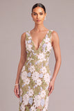 Light Green Sheath V-Neck Floral Midi Wedding Guest Dress with Slit