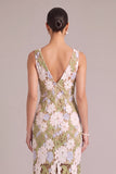 Light Green Sheath V-Neck Floral Midi Wedding Guest Dress with Slit