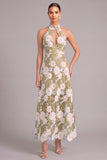 Light Green A-Line High Neck Floral Long Wedding Guest Dress