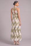 Light Green A-Line High Neck Floral Long Wedding Guest Dress