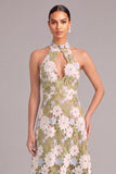 Light Green A-Line High Neck Floral Long Wedding Guest Dress