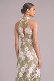 Light Green A-Line High Neck Floral Long Wedding Guest Dress