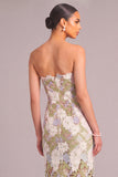 Light Green Sheath Strapless Floral Long Wedding Guest Dress with Slit