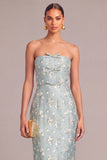 Light Green Sheath Strapless Floral Long Wedding Guest Dress with Bow
