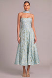 Light Green A-Line Strapless Floral Midi Wedding Guest Dress with Neck Scarf