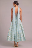 Light Green A-Line Strapless Floral Midi Wedding Guest Dress with Neck Scarf