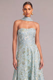 Light Green A-Line Strapless Floral Midi Wedding Guest Dress with Neck Scarf