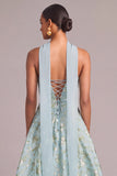 Light Green A-Line Strapless Floral Midi Wedding Guest Dress with Neck Scarf