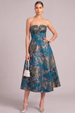 Dark Green A-Line Strapless Floral Midi Wedding Guest Dress