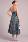 Dark Green A-Line Strapless Floral Midi Wedding Guest Dress