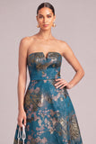 Dark Green A-Line Strapless Floral Midi Wedding Guest Dress