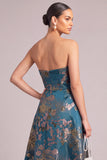 Dark Green A-Line Strapless Floral Midi Wedding Guest Dress