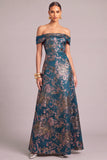 Dark Green A-Line Off the Shoulder Floral Long Wedding Guest Dress