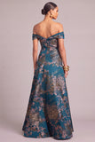 Dark Green A-Line Off the Shoulder Floral Long Wedding Guest Dress