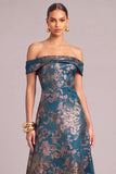 Dark Green A-Line Off the Shoulder Floral Long Wedding Guest Dress