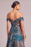 Dark Green A-Line Off the Shoulder Floral Long Wedding Guest Dress